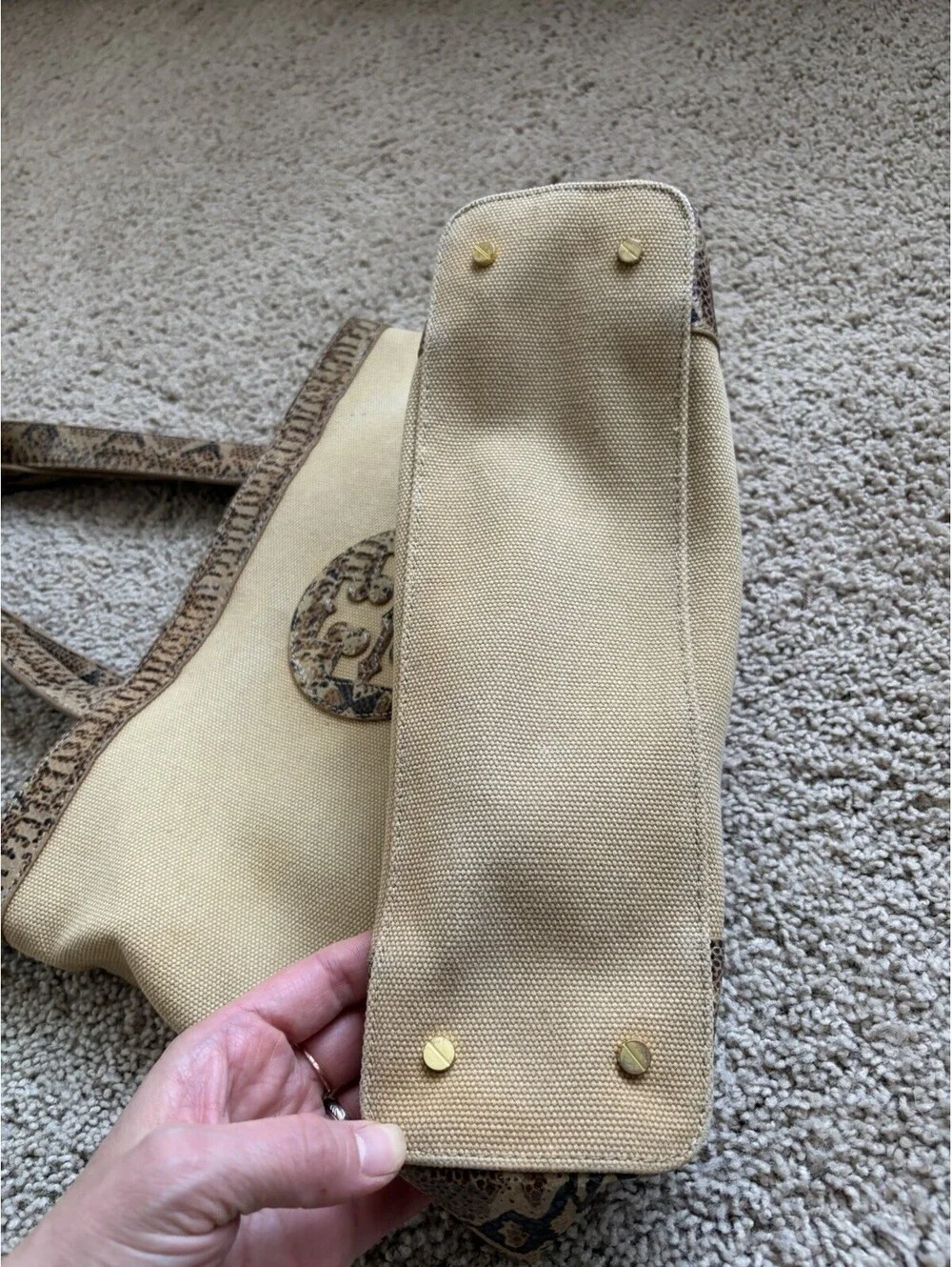 Tory Burch Beige Canvas Tote Snake Skin Details Shoulder Bag Purse Large Logo